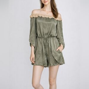 TRAC Sage Satin Crochet Lace Off Shoulder Tie Waist Fairycore Shorts Romper